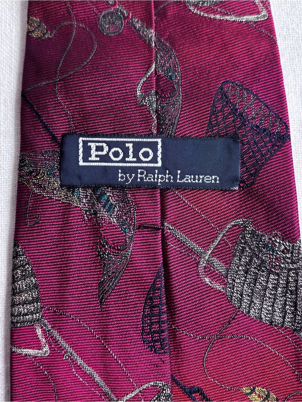 Polo Ralph Lauren Vintage Hand Made in USA Silk Tie Fishing Burgundy Metallic